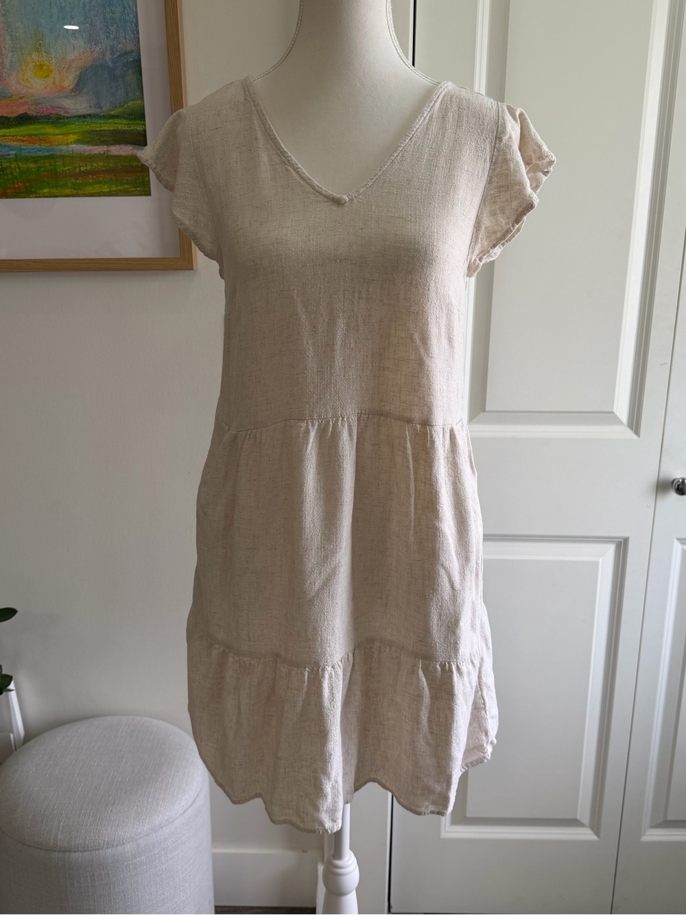 Dex Linen Blend Dress Womens Extra Small XS Beige Tiered Babydoll Flutter Sleeve